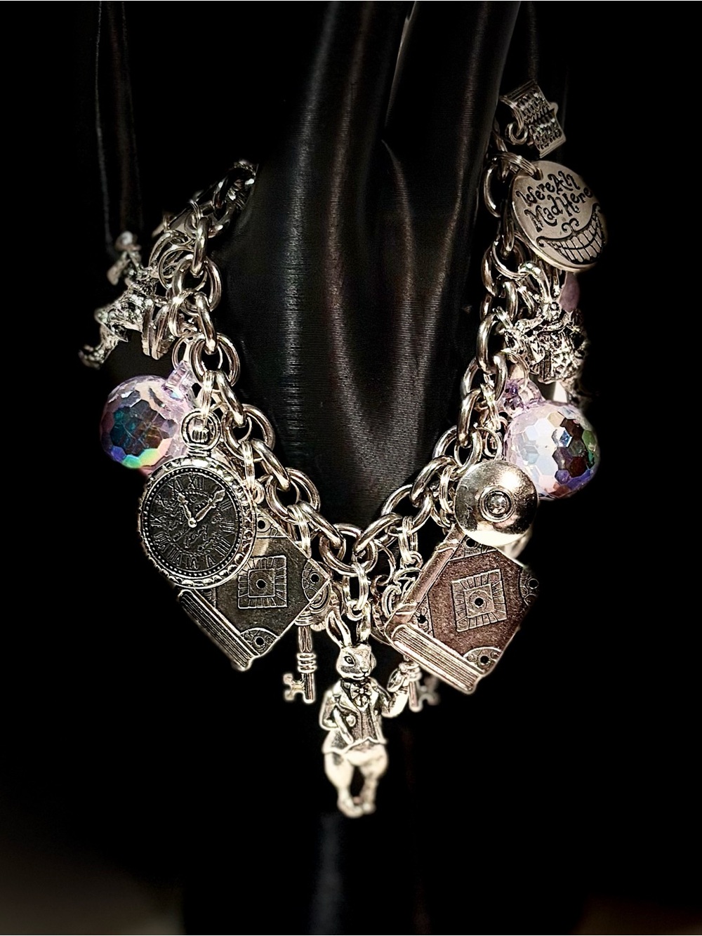 Silver Alice-in-Wonderland Charm Bracelet with Iridescent Beads